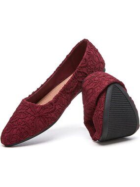 Women's Wine Flats Flower Embroidered Lace Ballet Flats Comfortable Dress Shoes